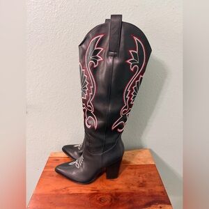 Black and Red Embroidered Women's Western Boots